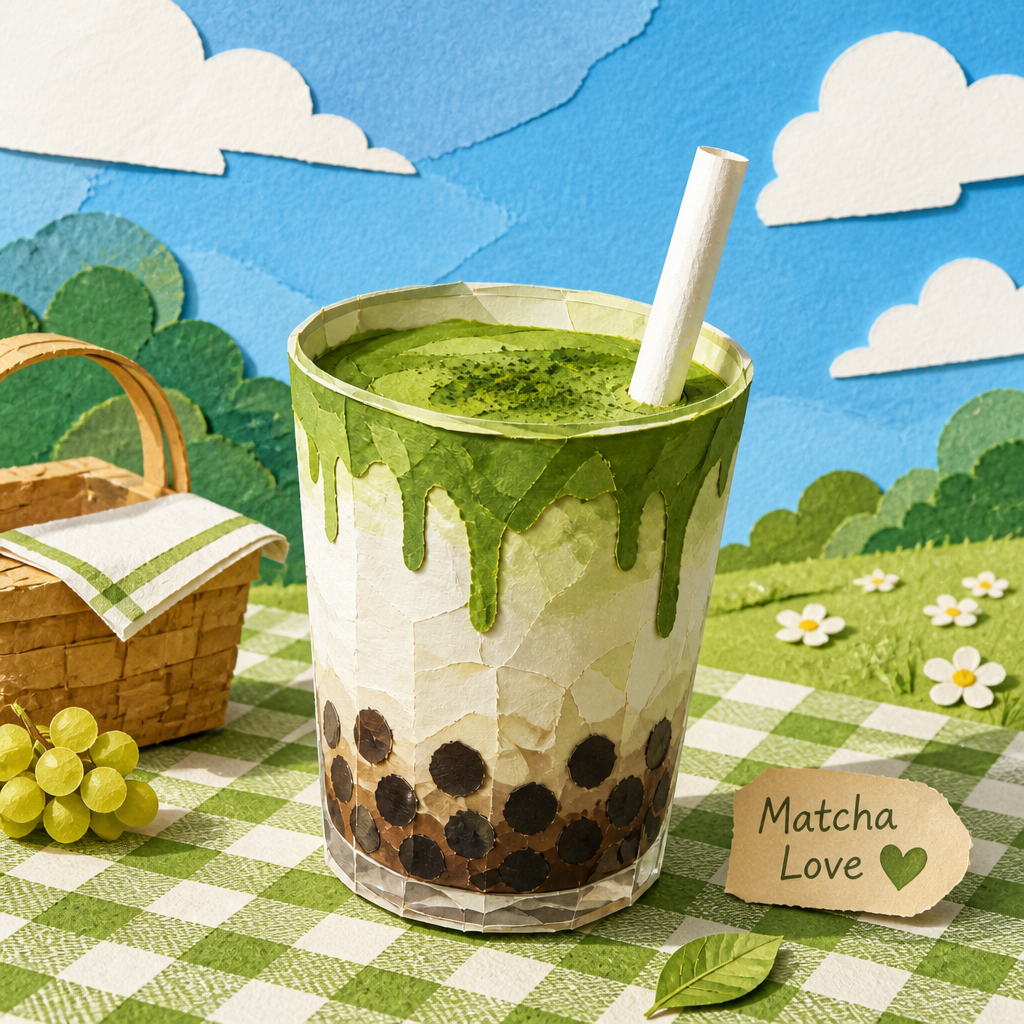 紙細工の抹茶タピオカ のAI生成画像