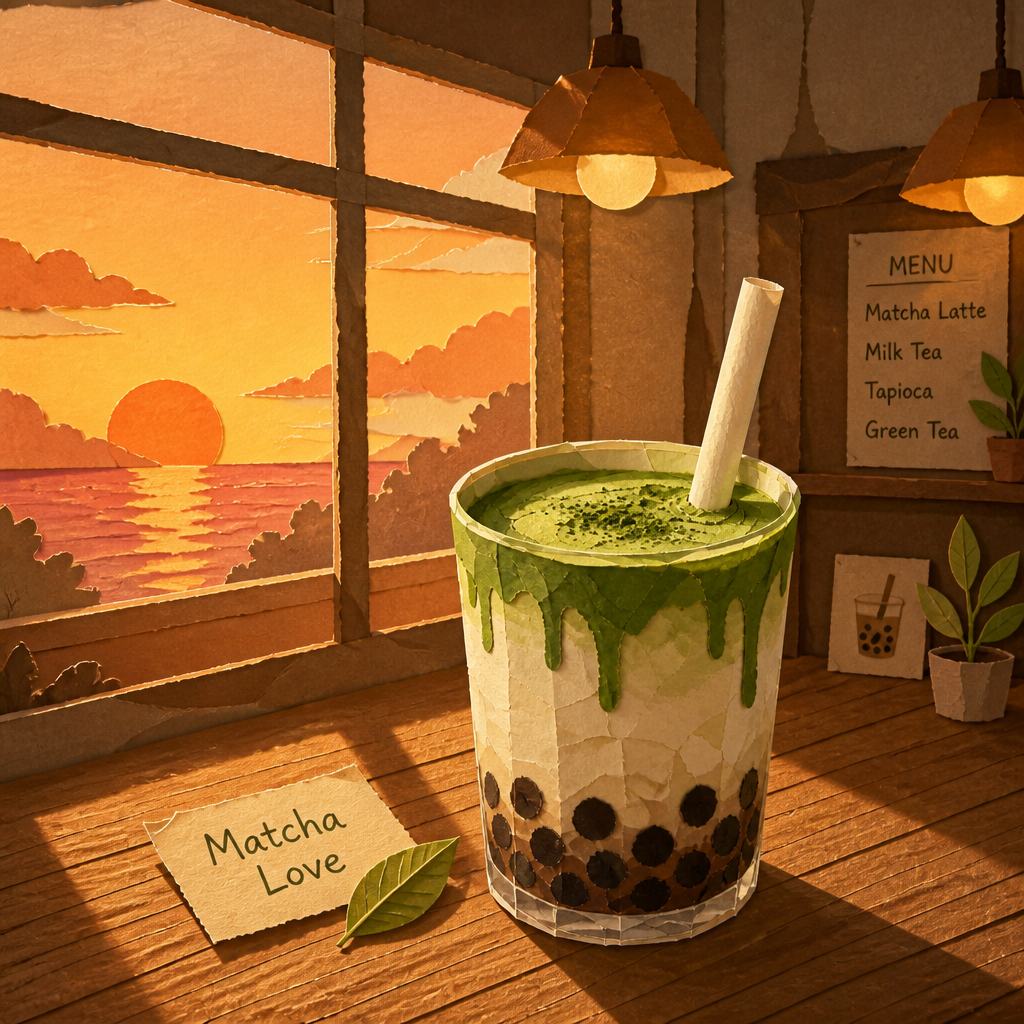 紙細工の抹茶タピオカ のAI生成画像