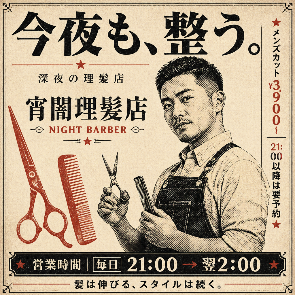 深夜の理髪店ポスター のAI生成画像