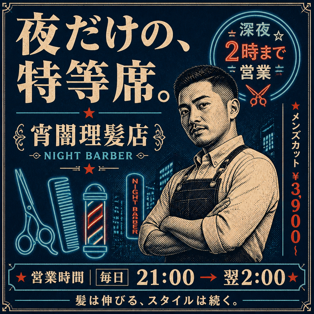 深夜の理髪店ポスター のAI生成画像