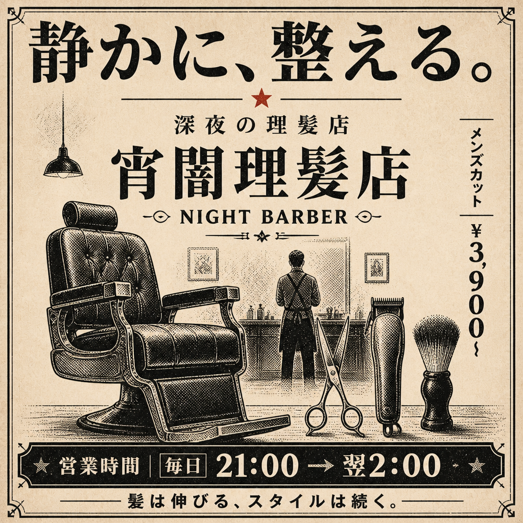 深夜の理髪店ポスター のAI生成画像