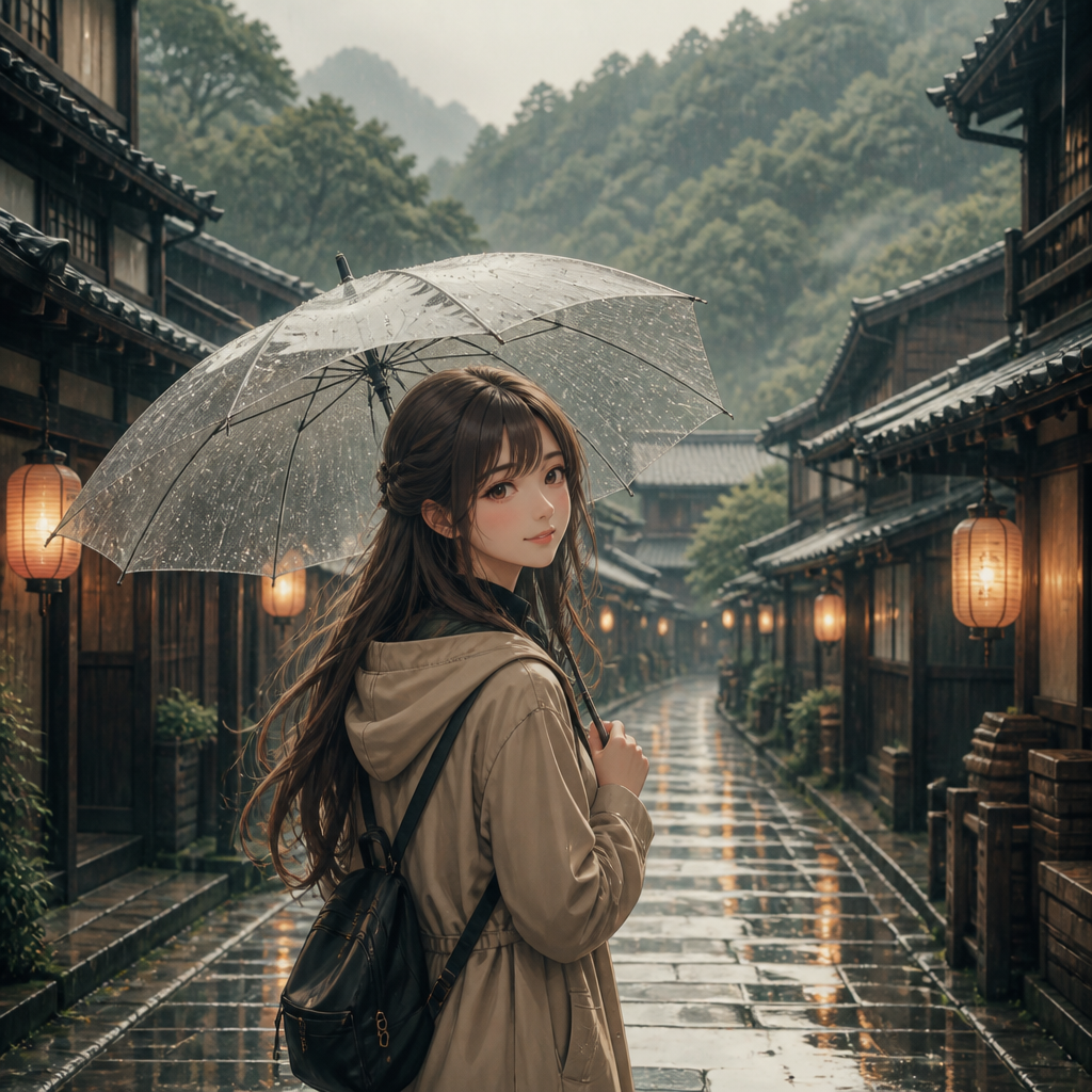 霧雨の宿場町 のAI生成画像