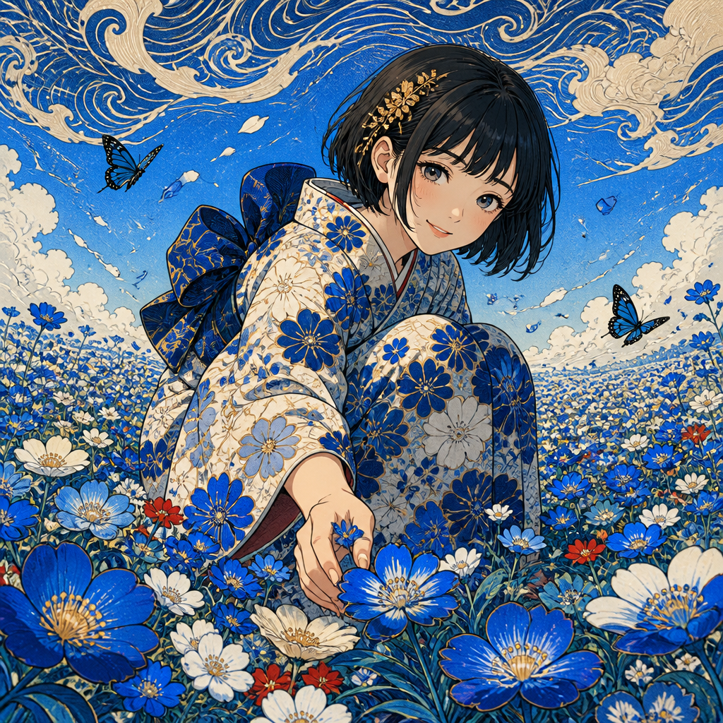 青い花畑と着物の少女 のAI生成画像