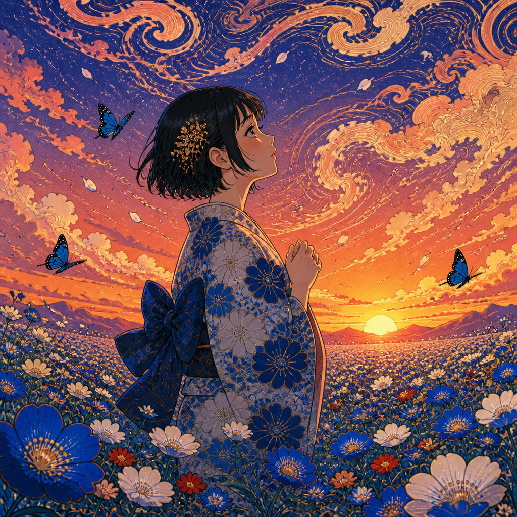 青い花畑と着物の少女 のAI生成画像
