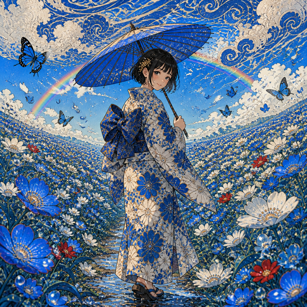 青い花畑と着物の少女 のAI生成画像