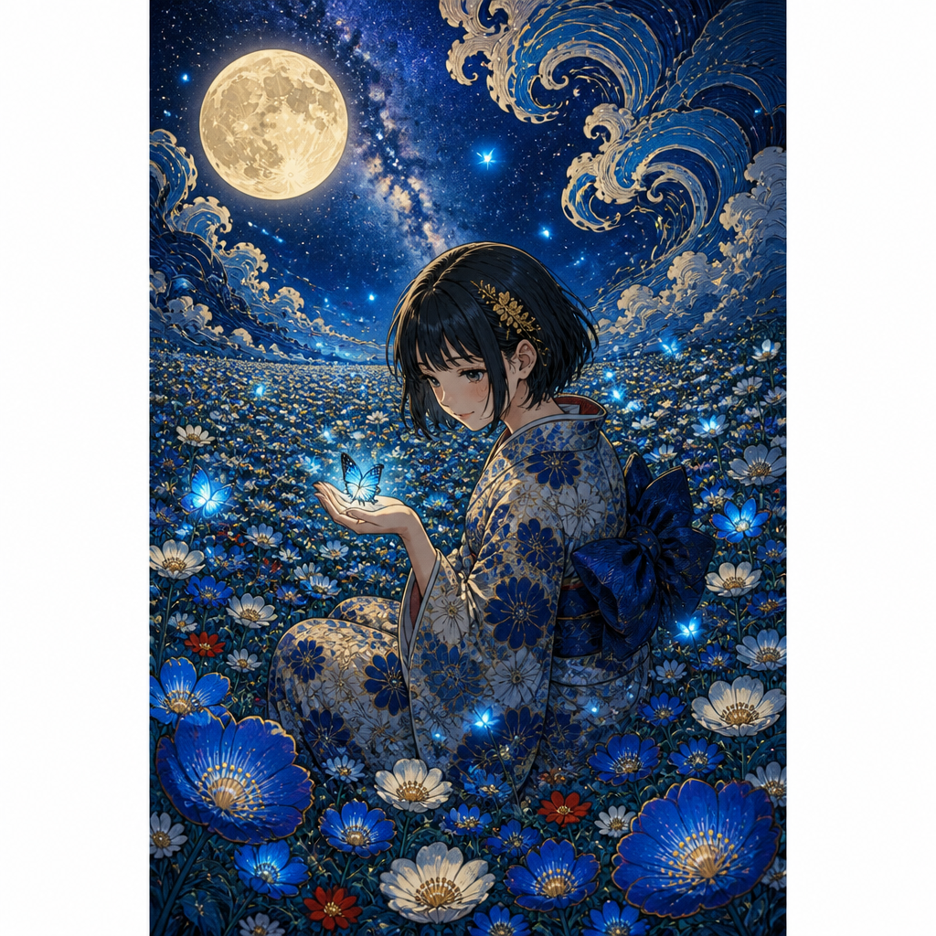 青い花畑と着物の少女 のAI生成画像