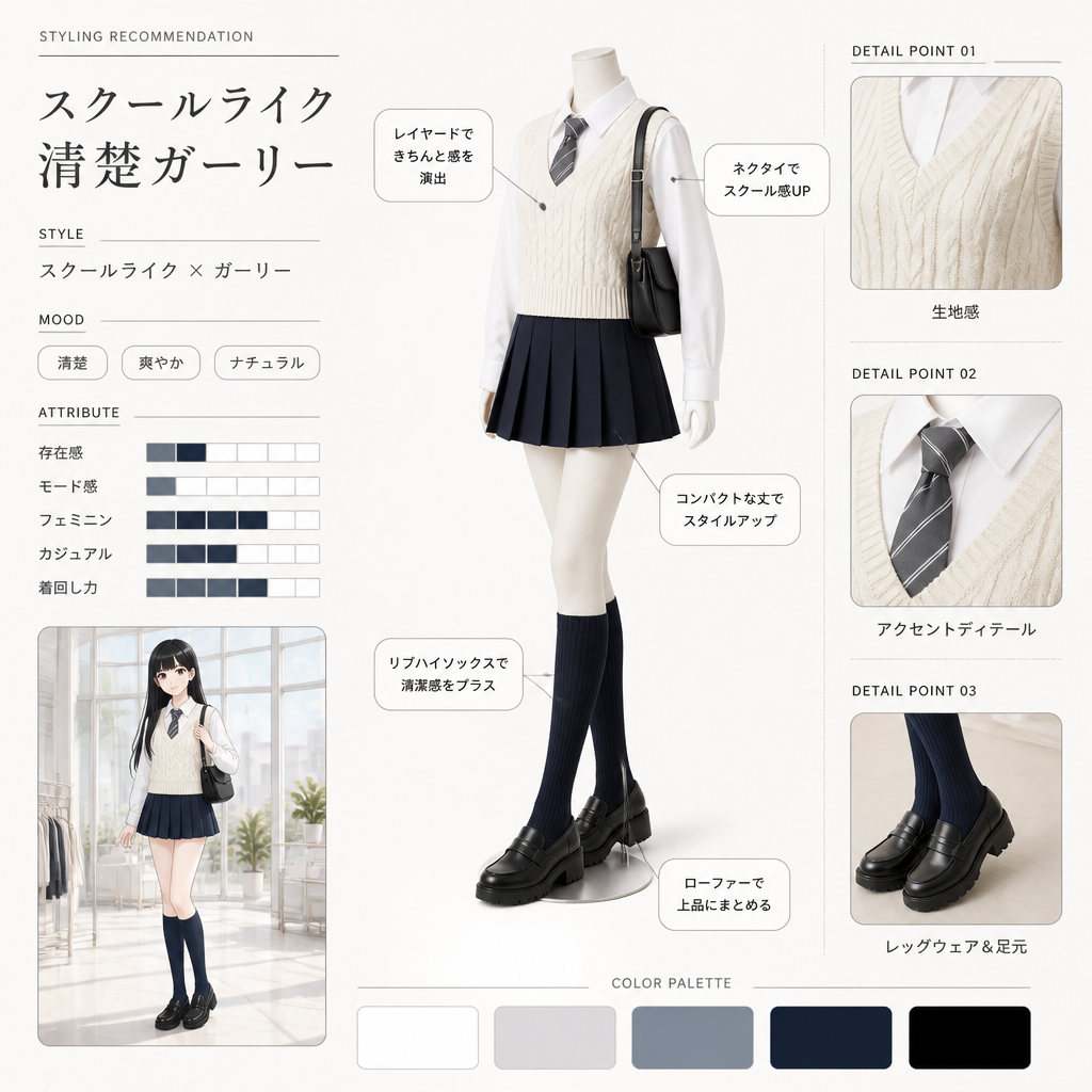 スクールライク清楚ガーリー（AIコーデ提案カード） のAI生成画像