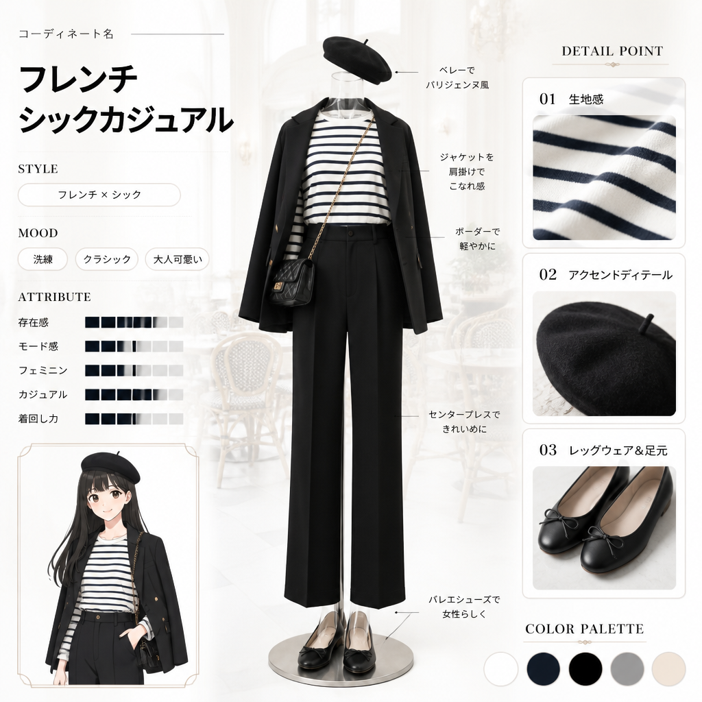 コーデ提案ボード（きれいめ大人カジュアル他） のAI生成画像