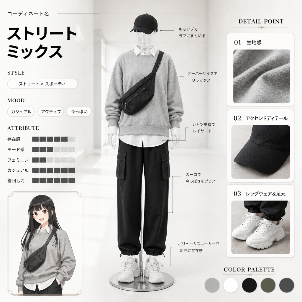 コーデ提案ボード（きれいめ大人カジュアル他） のAI生成画像