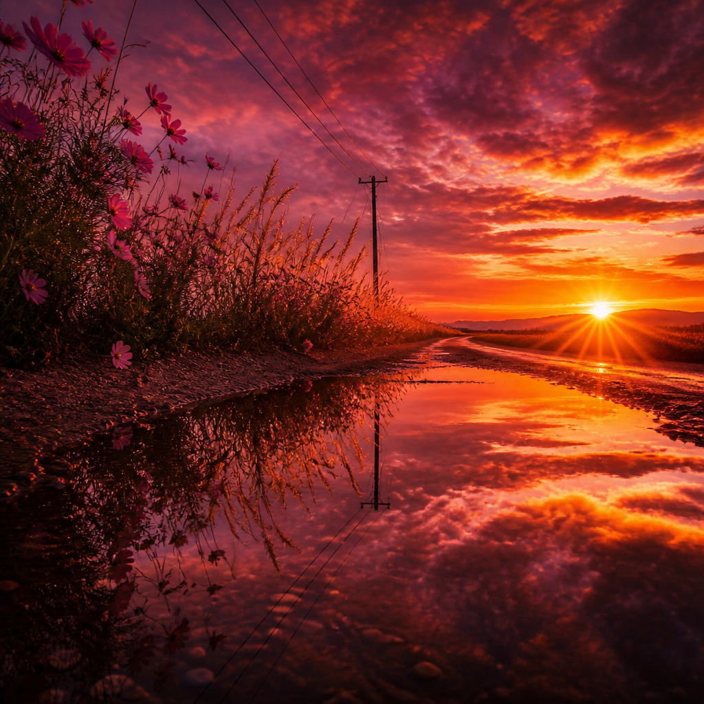 夕焼けの水鏡 のAI生成画像