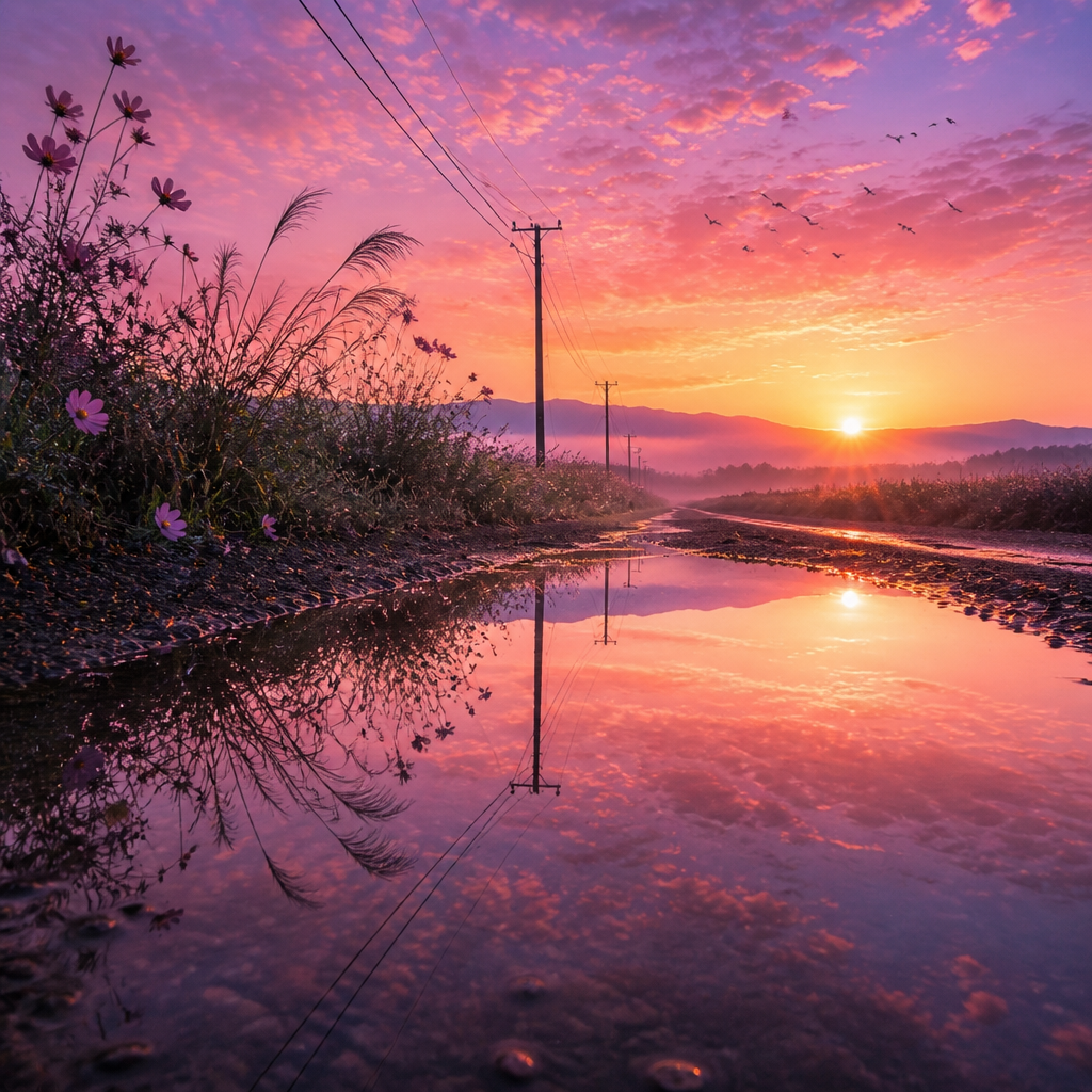 夕焼けの水鏡 のAI生成画像
