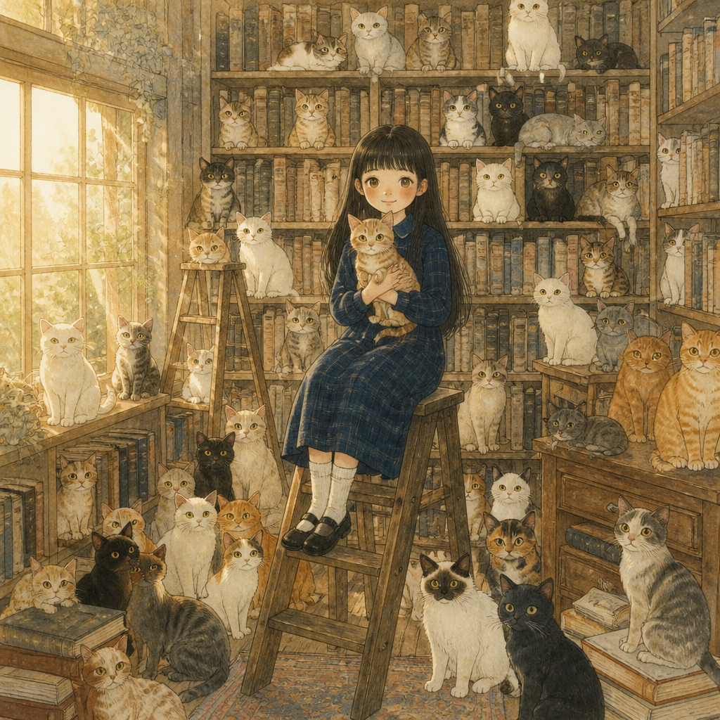 猫まみれの古書店 のAI生成画像