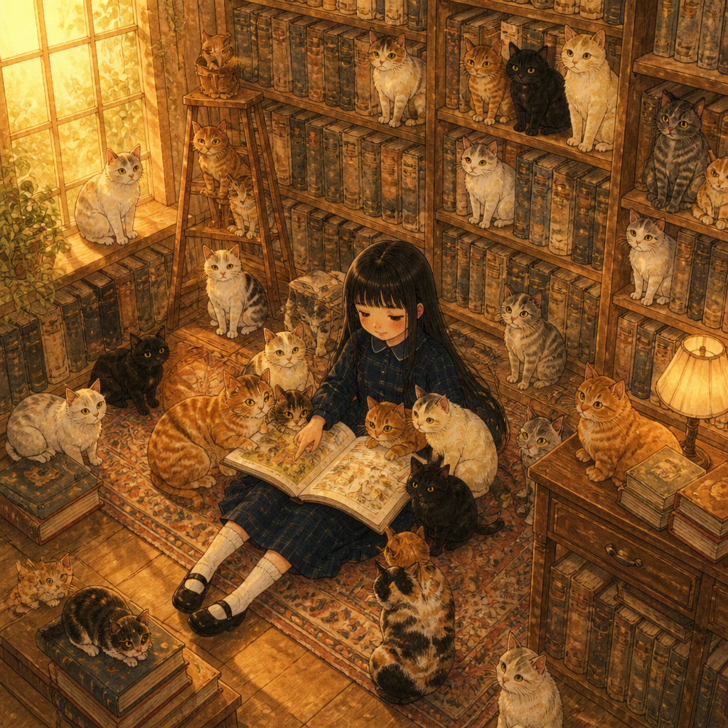 猫まみれの古書店 のAI生成画像