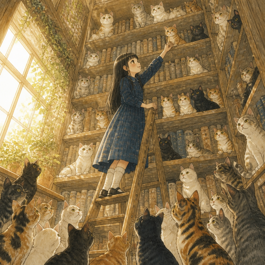 猫まみれの古書店 のAI生成画像