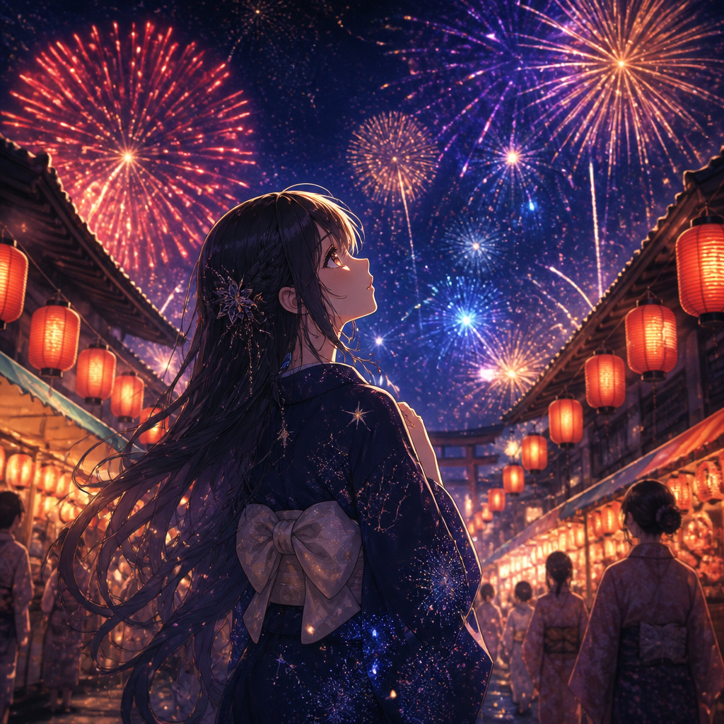 星空の夏祭り（浴衣と屋台の夜） のAI生成画像
