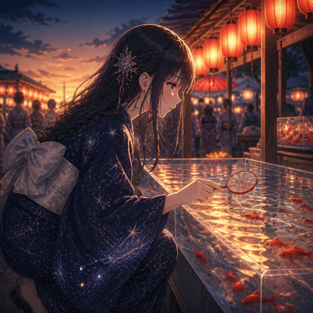 星空の夏祭り（浴衣と屋台の夜） のAI生成画像