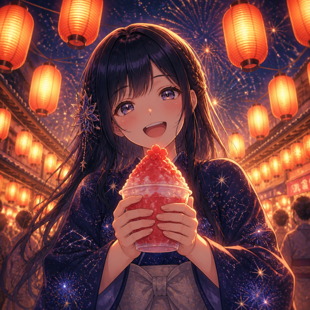星空の夏祭り（浴衣と屋台の夜） のAI生成画像