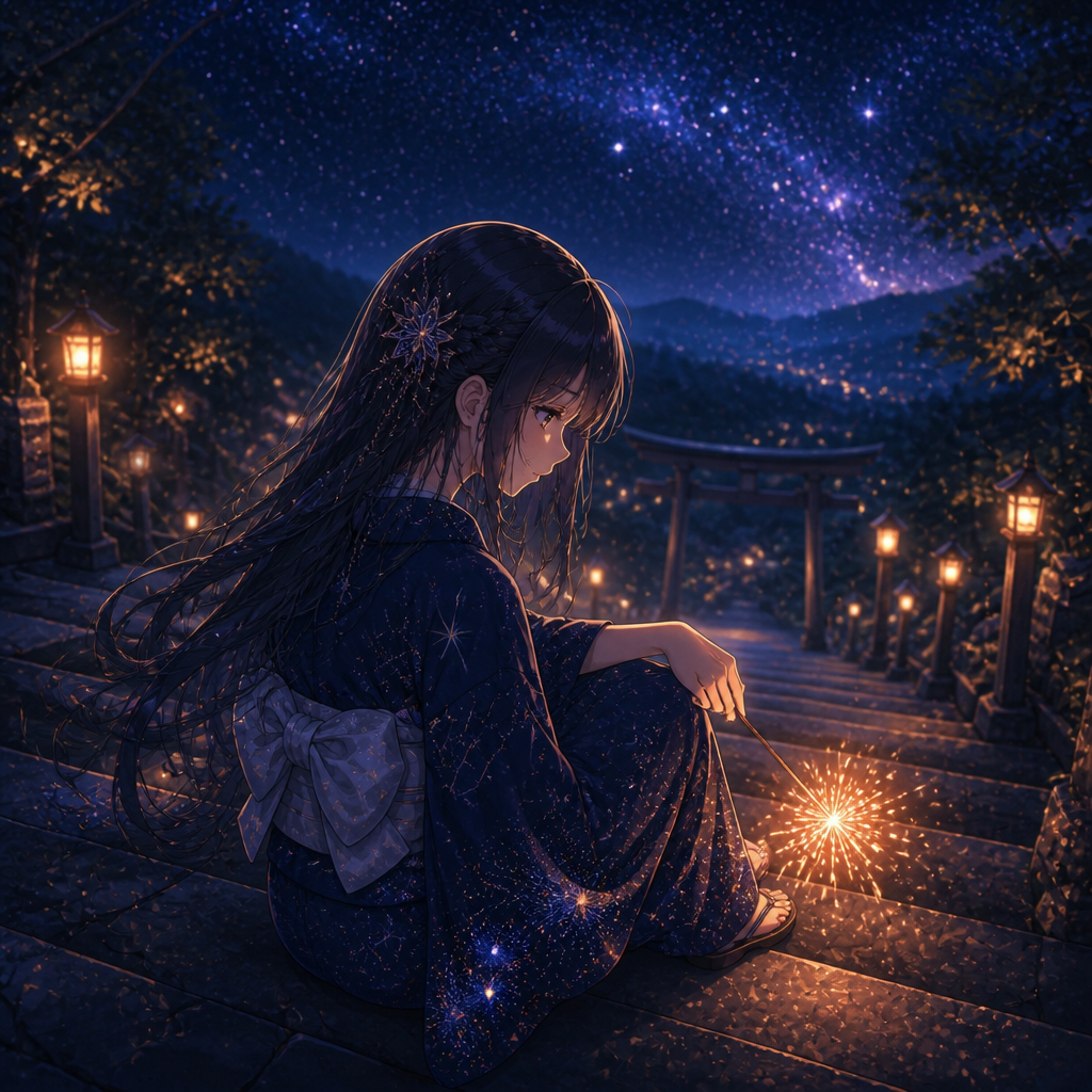 星空の夏祭り（浴衣と屋台の夜） のAI生成画像