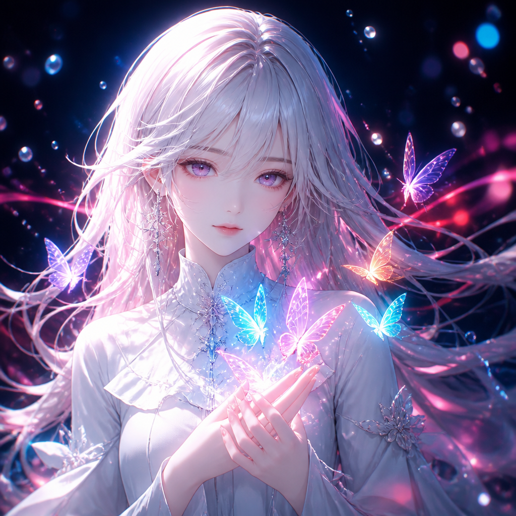 光の蝶をまとう少女 のAI生成画像