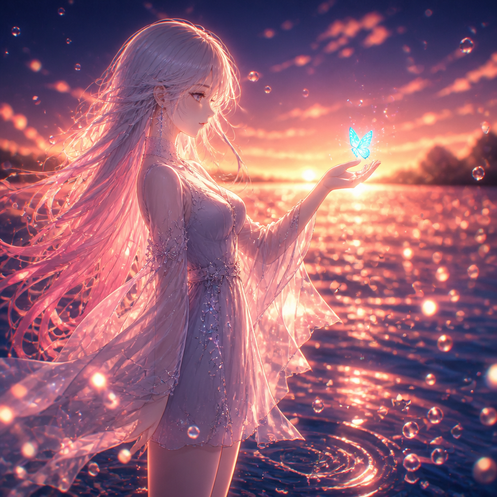 光の蝶をまとう少女 のAI生成画像