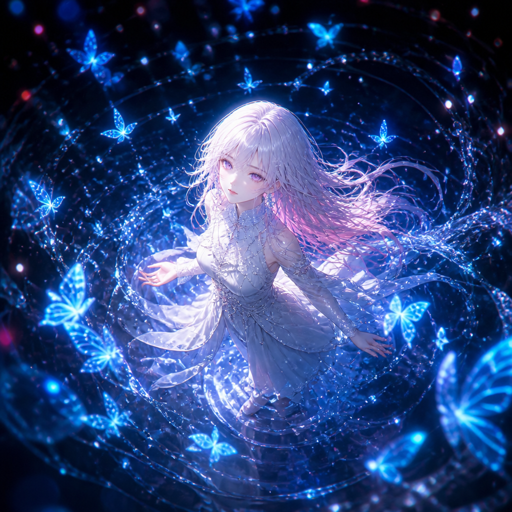 光の蝶をまとう少女 のAI生成画像