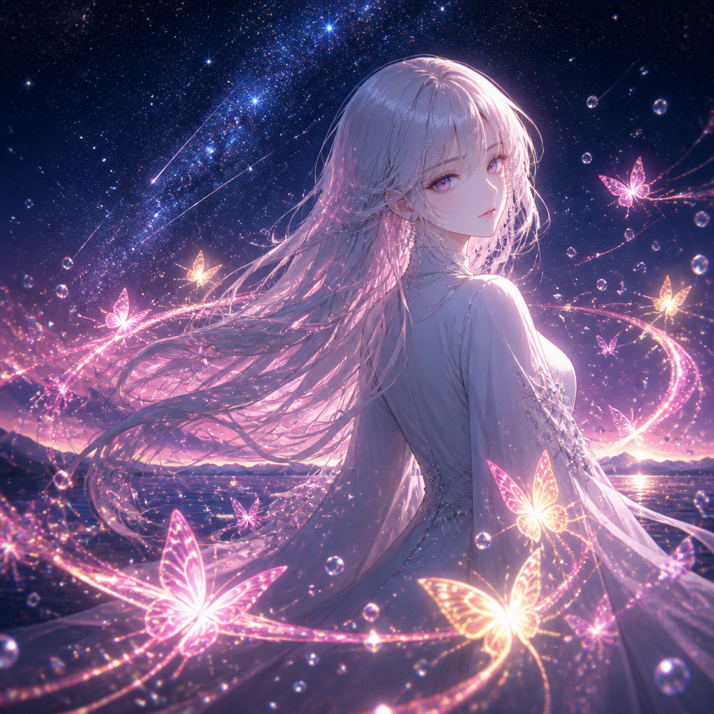 光の蝶をまとう少女 のAI生成画像