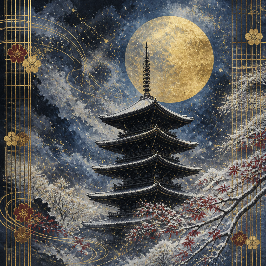 金彩・月夜の五重塔 のAI生成画像