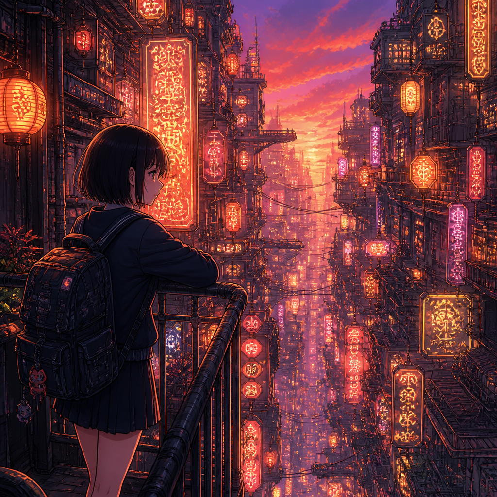 立体都市の少女 のAI生成画像