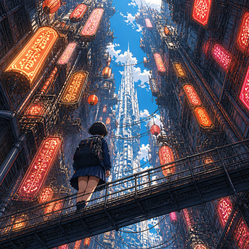 立体都市の少女 のAI生成画像