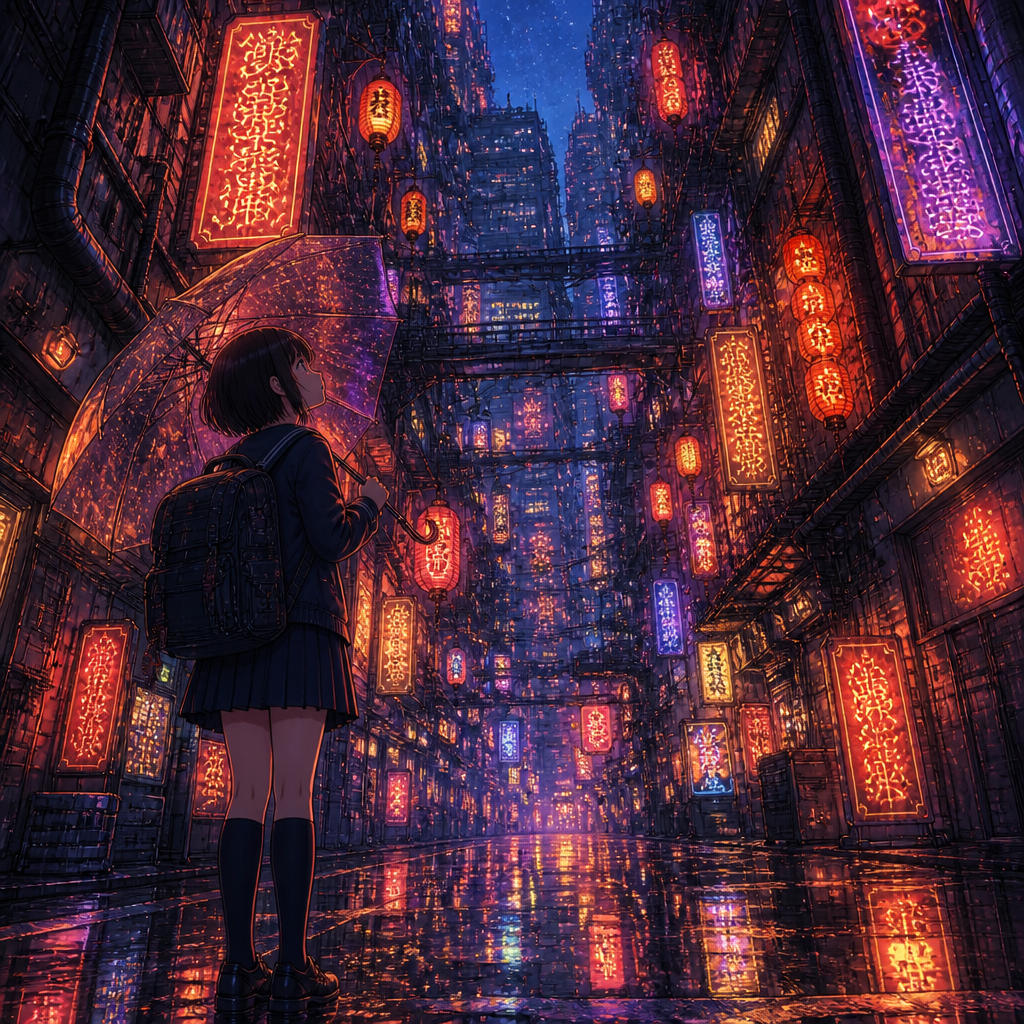 立体都市の少女 のAI生成画像