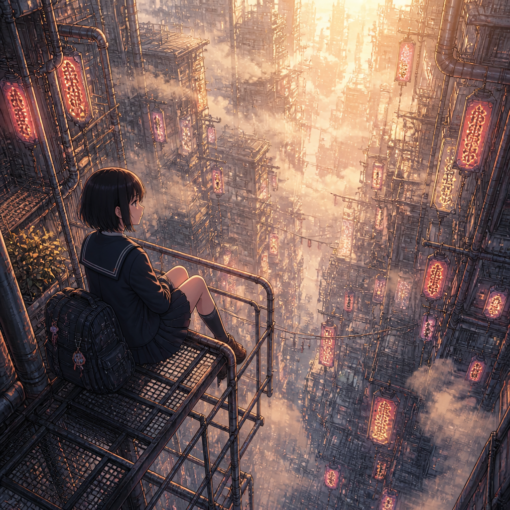 立体都市の少女 のAI生成画像