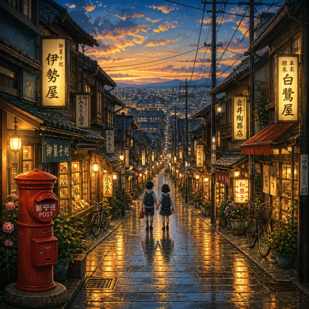 雨あがりの昭和商店街 のAI生成画像