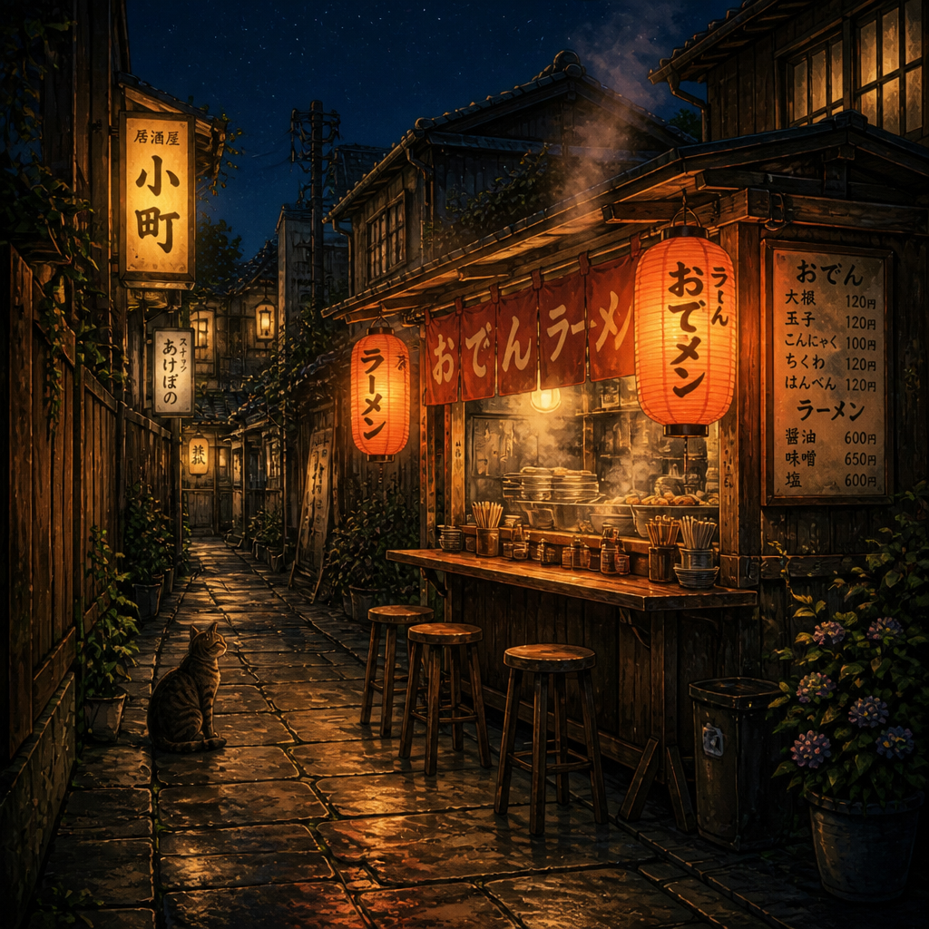雨あがりの昭和商店街 のAI生成画像