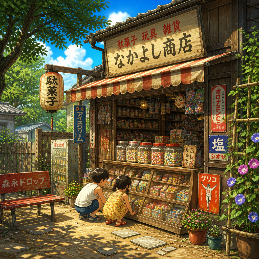 雨あがりの昭和商店街 のAI生成画像
