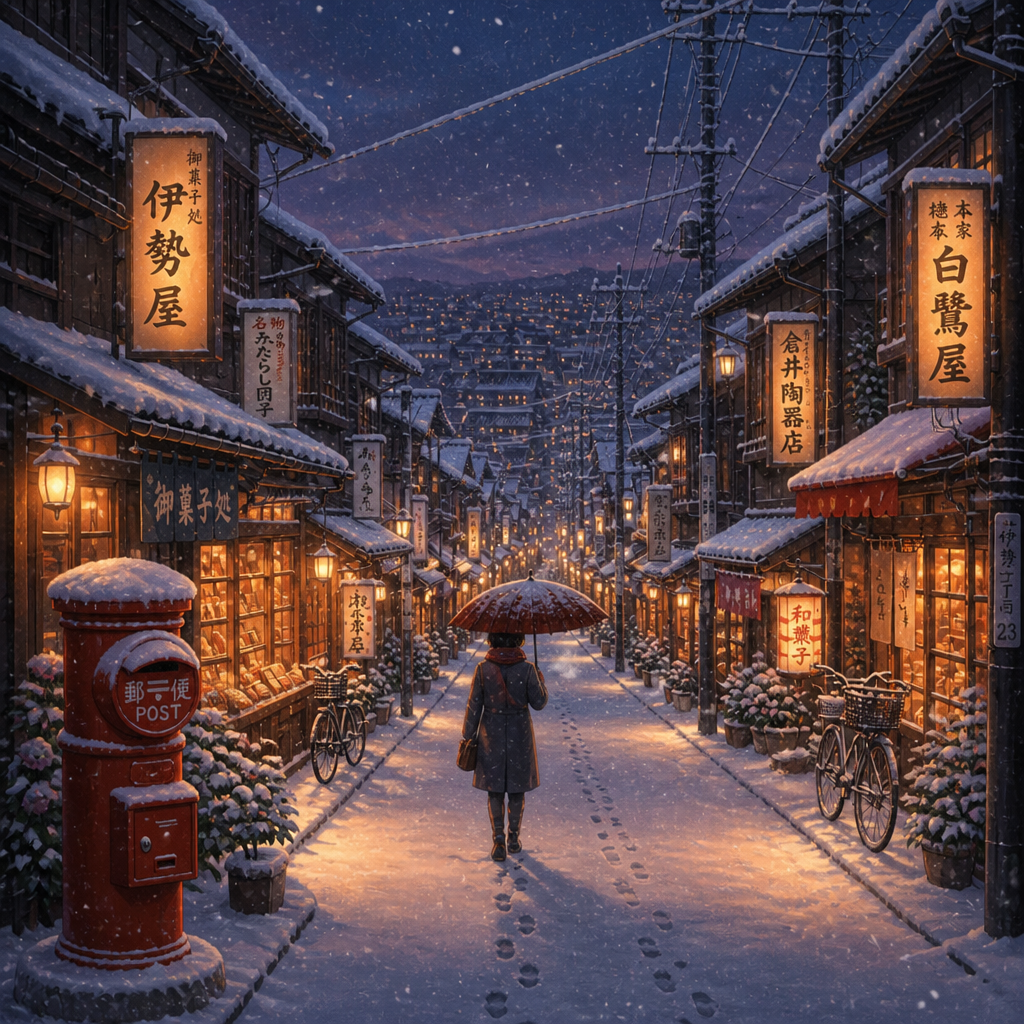 雨あがりの昭和商店街 のAI生成画像