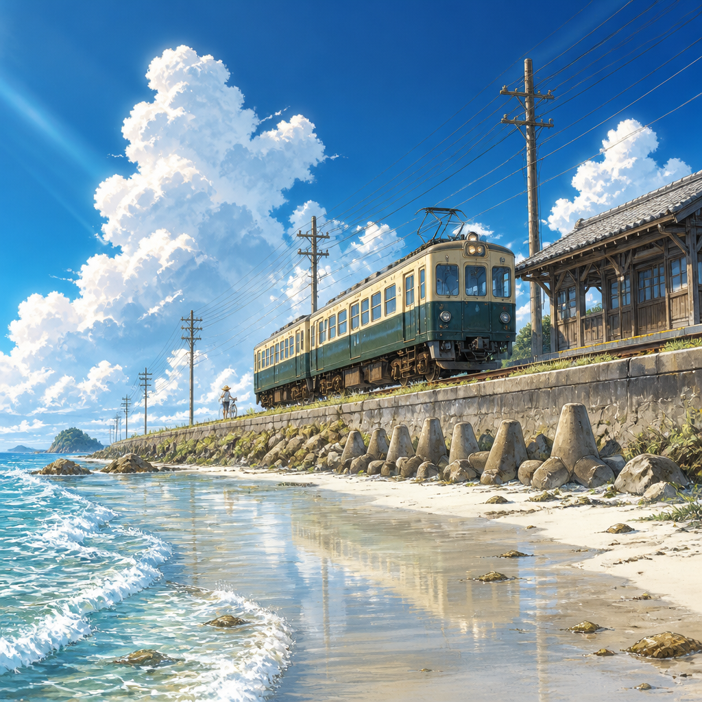 夕焼けの海辺の駅 のAI生成画像