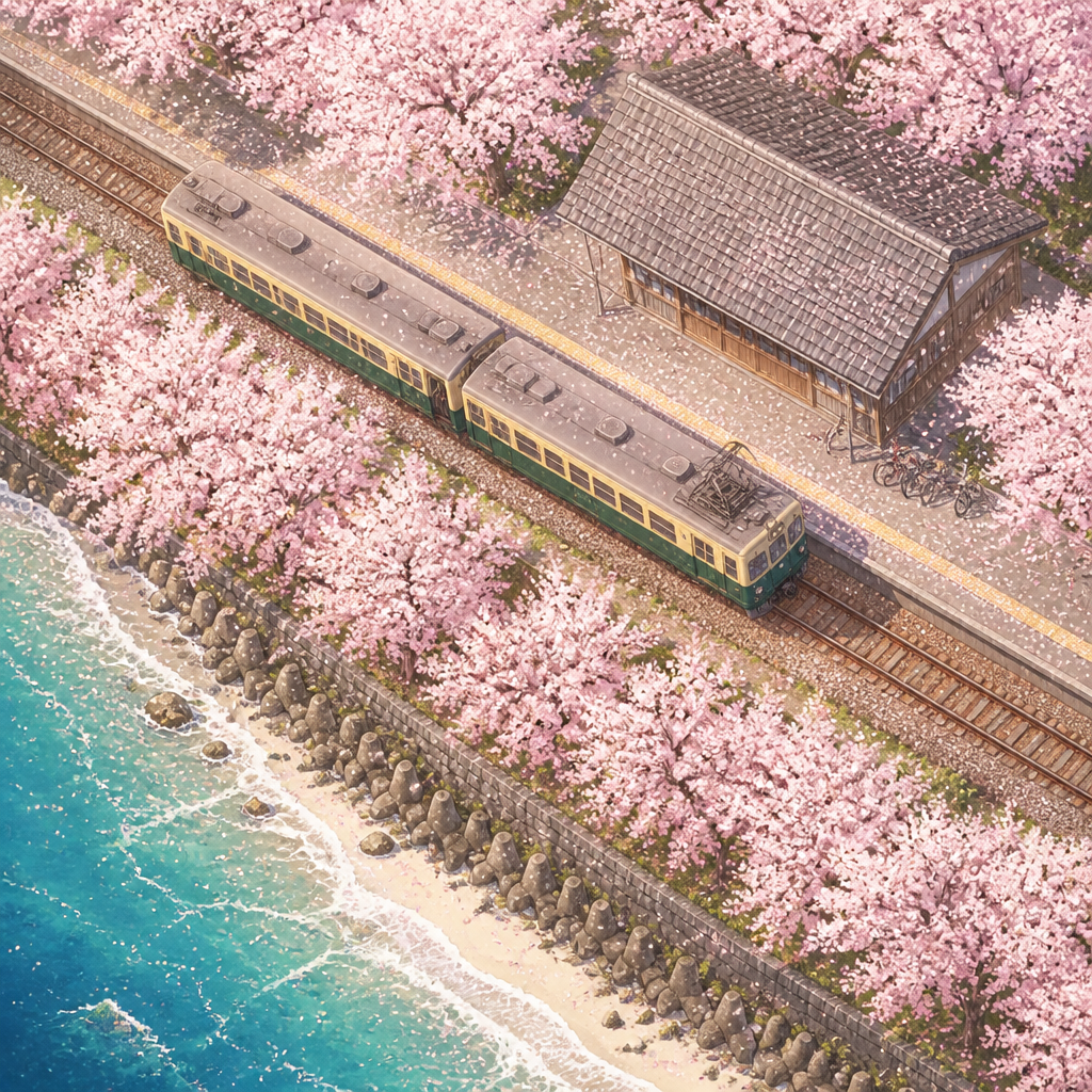 夕焼けの海辺の駅 のAI生成画像