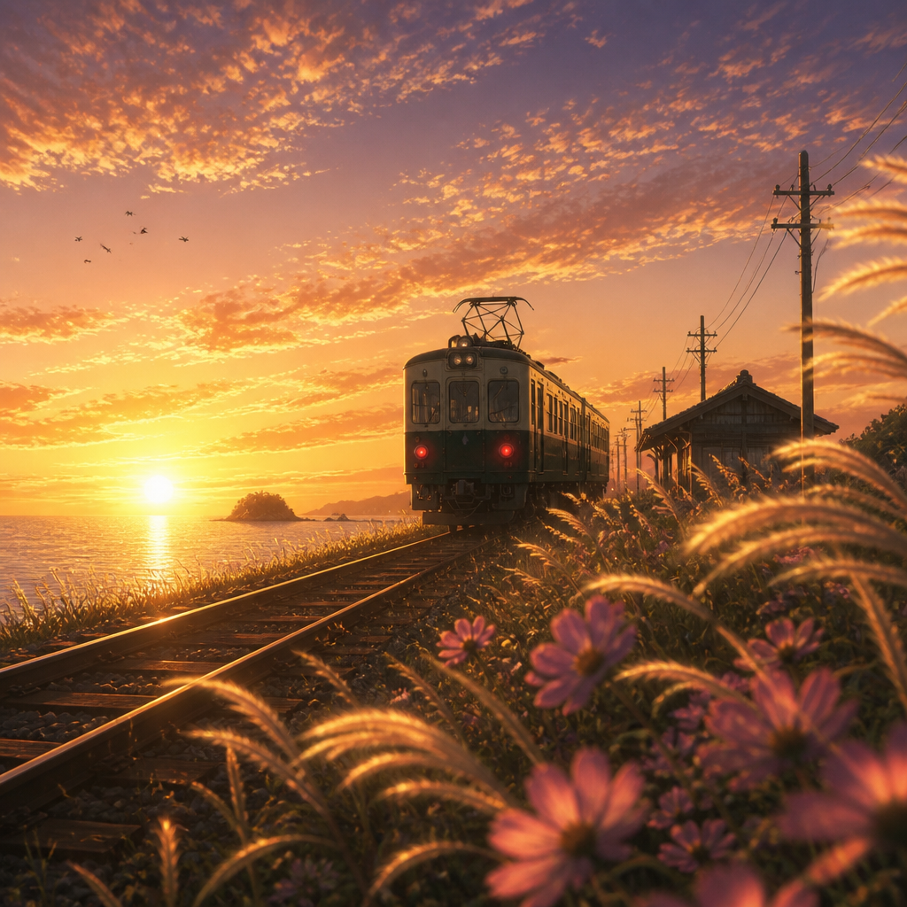 夕焼けの海辺の駅 のAI生成画像