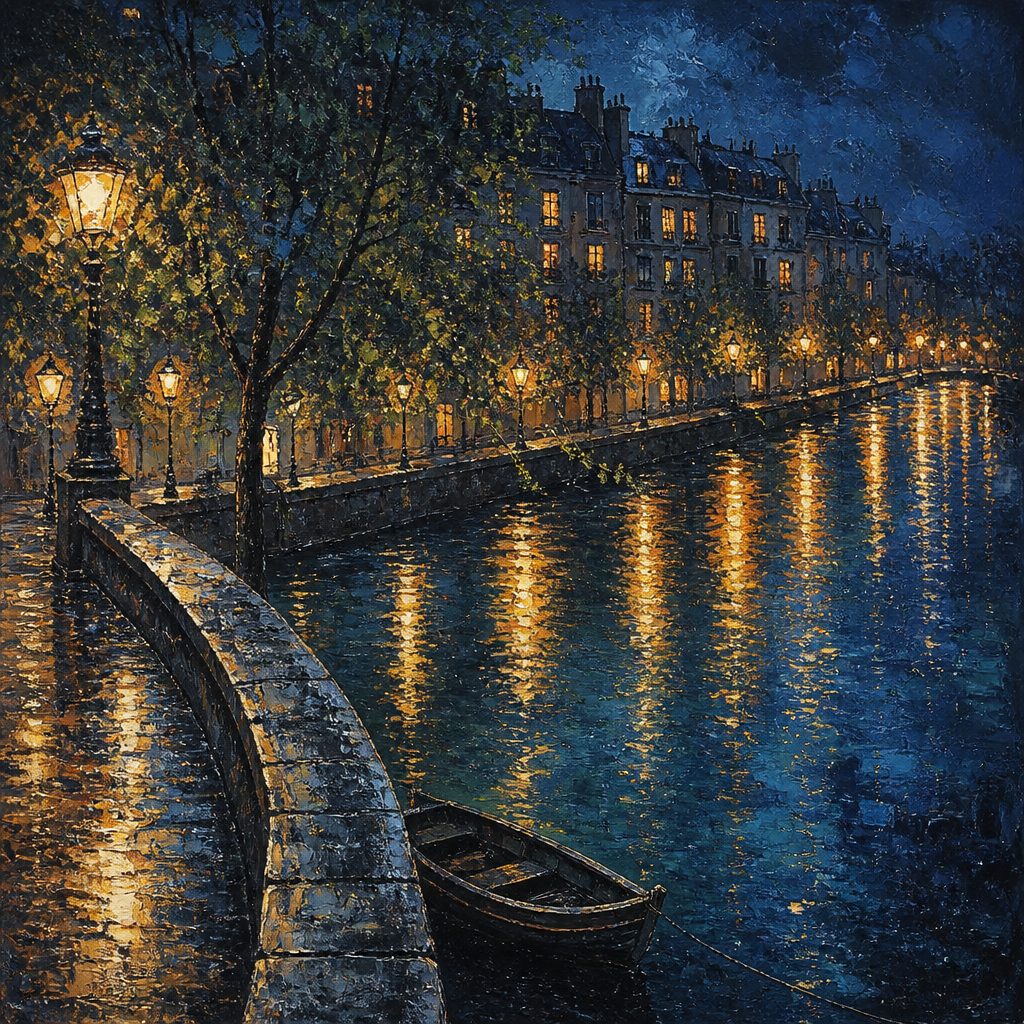 雨の夜の並木道 のAI生成画像