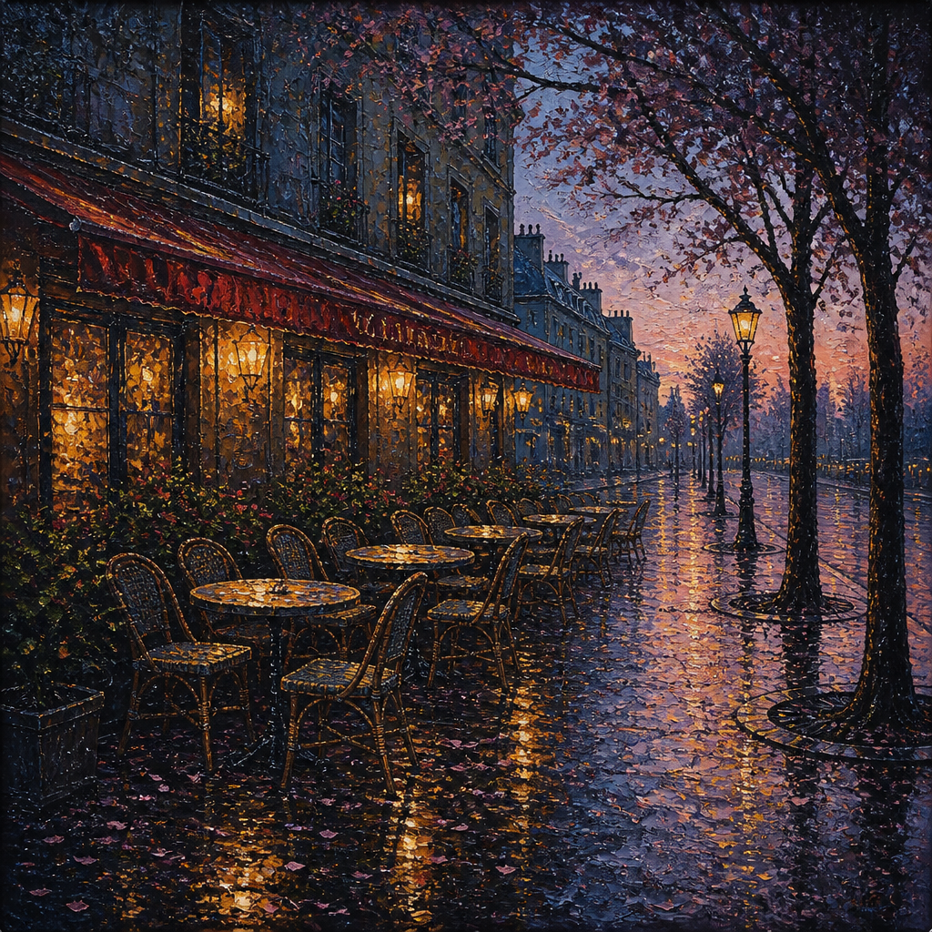 雨の夜の並木道 のAI生成画像