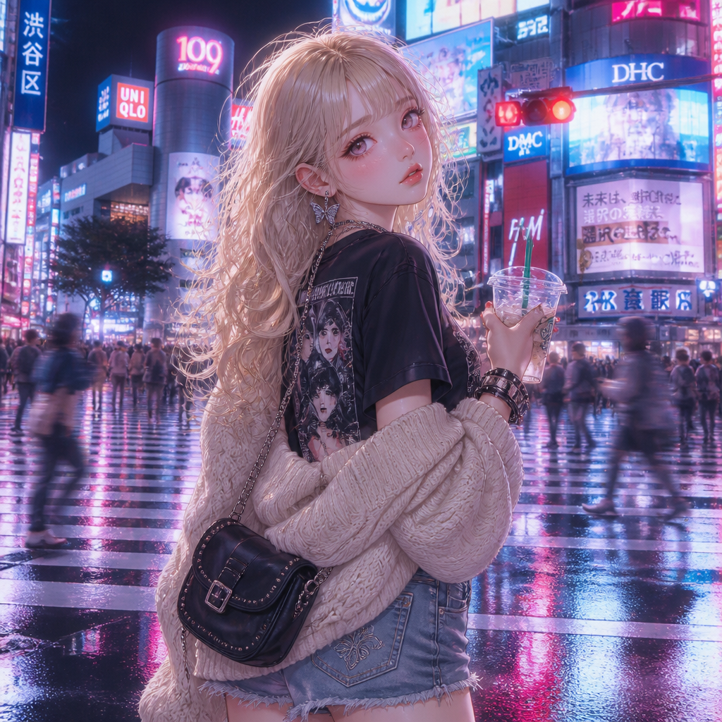 ネオン渋谷のY2Kガール のAI生成画像