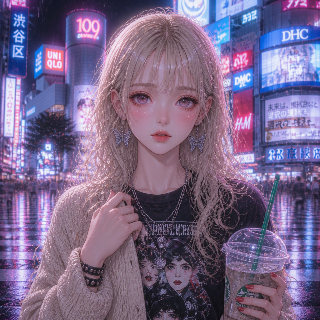ネオン渋谷のY2Kガール のAI生成画像