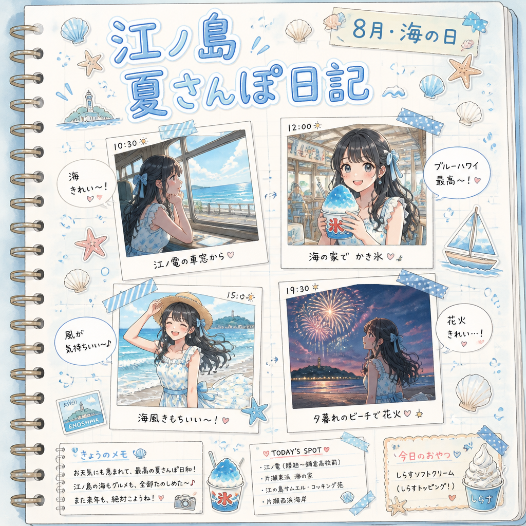 夏の旅日記スクラップブック（江ノ島＆鎌倉） のAI生成画像