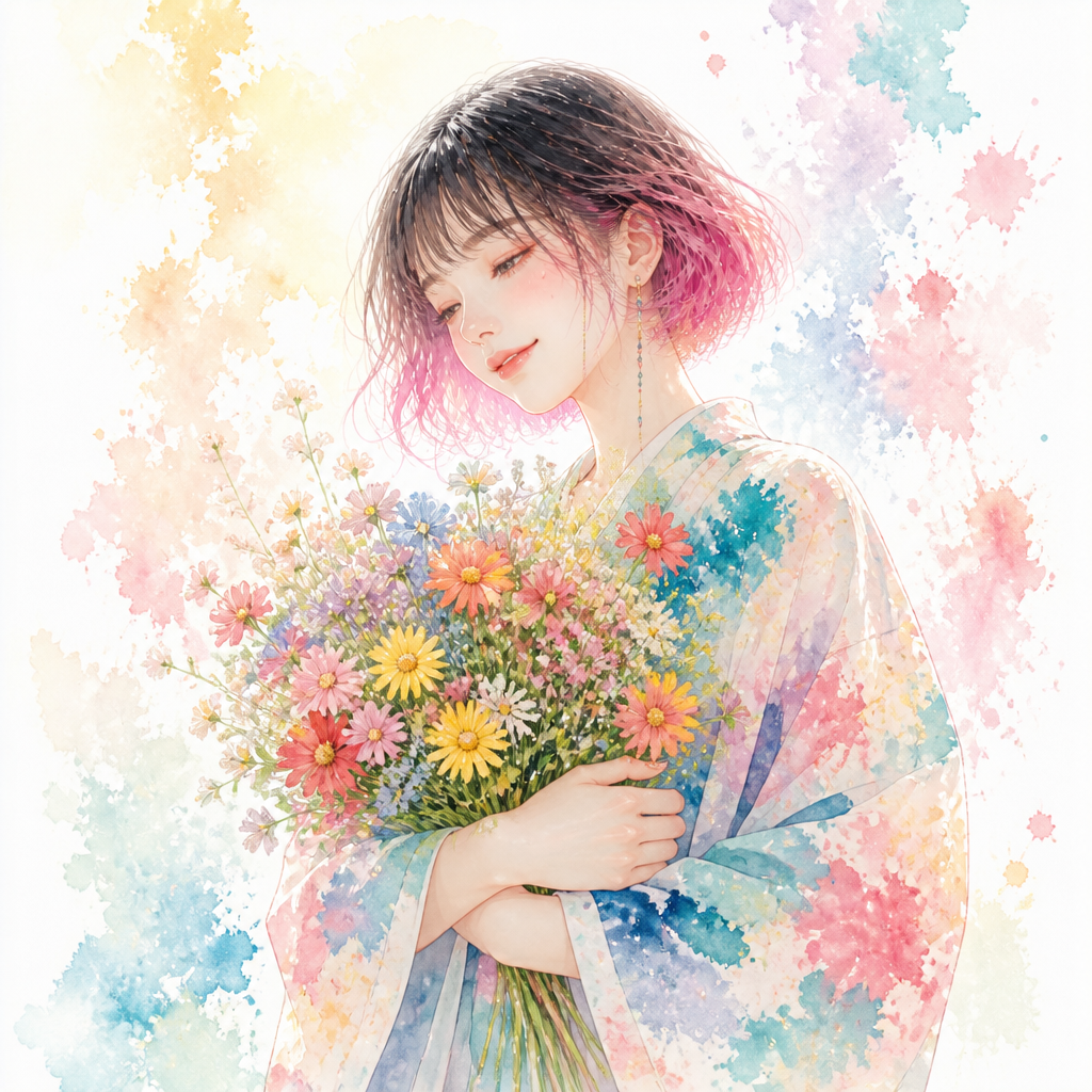 水彩に溶ける少女 のAI生成画像